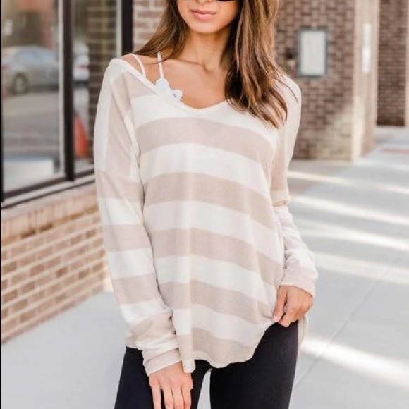 Pink Lily Tops - A weekend away beige striped pullover